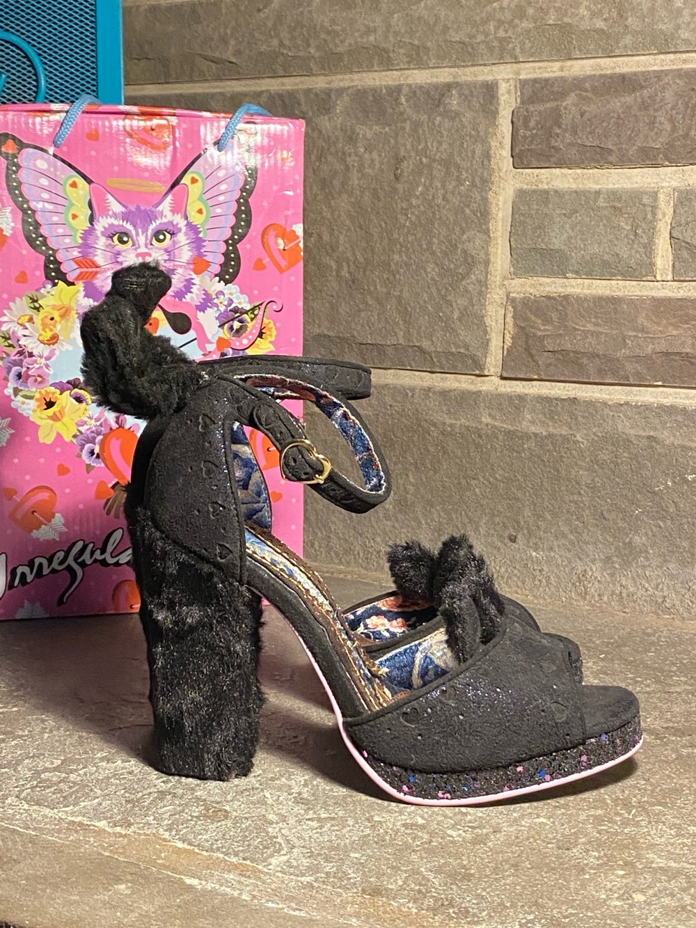 Irregular Choice Kitty Paws platform peep toe pumps,black sparkle,cat ears/tail